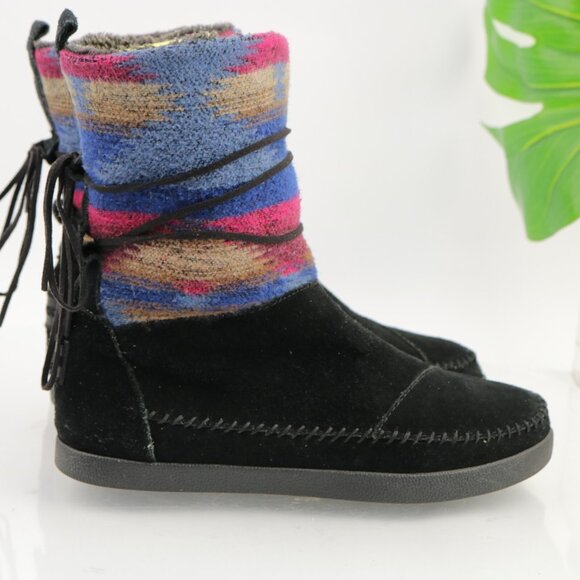 TOMS Womens Nepal Boots Size 8 Black Suede Blue Southwest Blanket Woven Booties - Picture 7 of 11